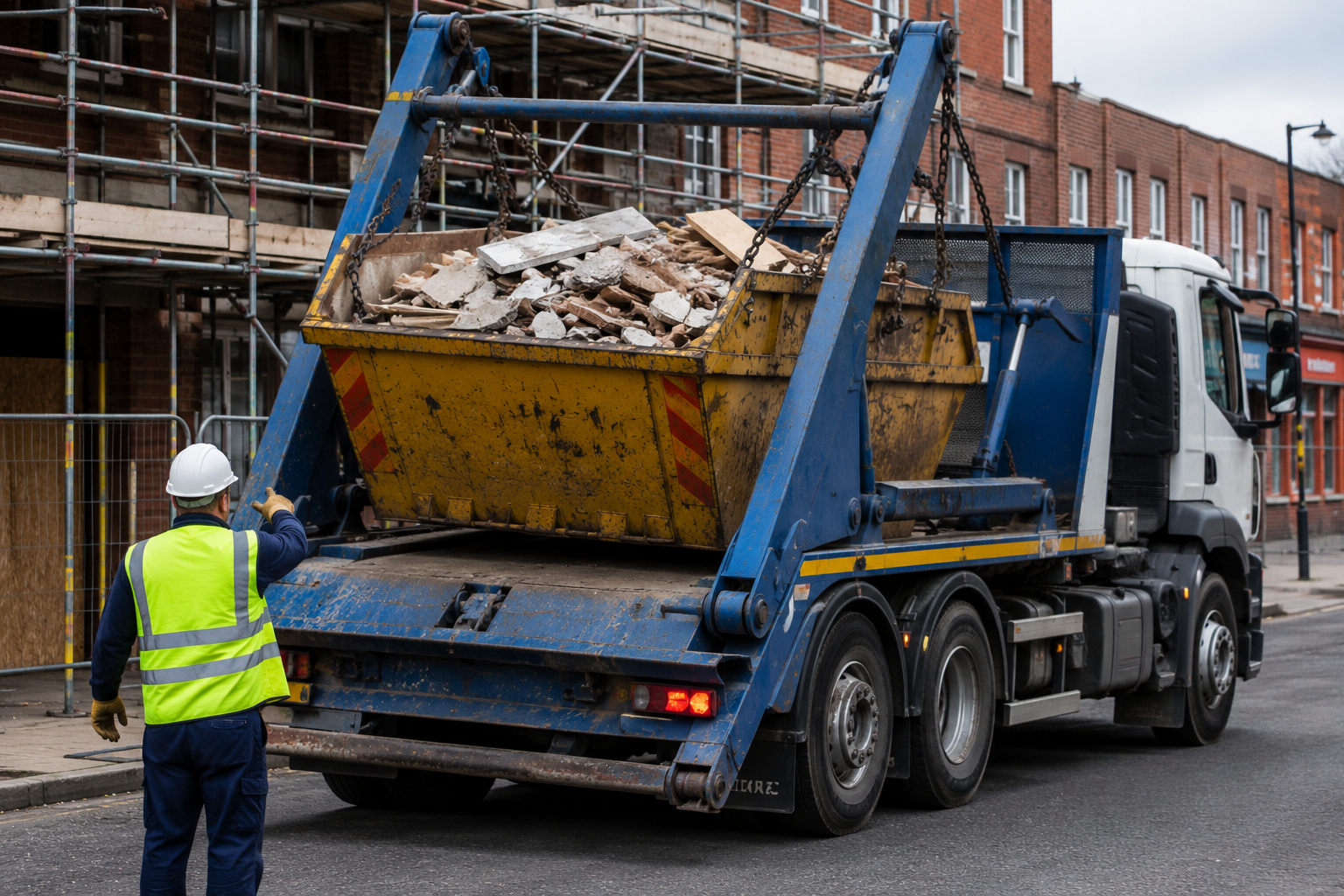 Skip lorry collecting a full skip filled with construction waste from a Leicester construction site.
