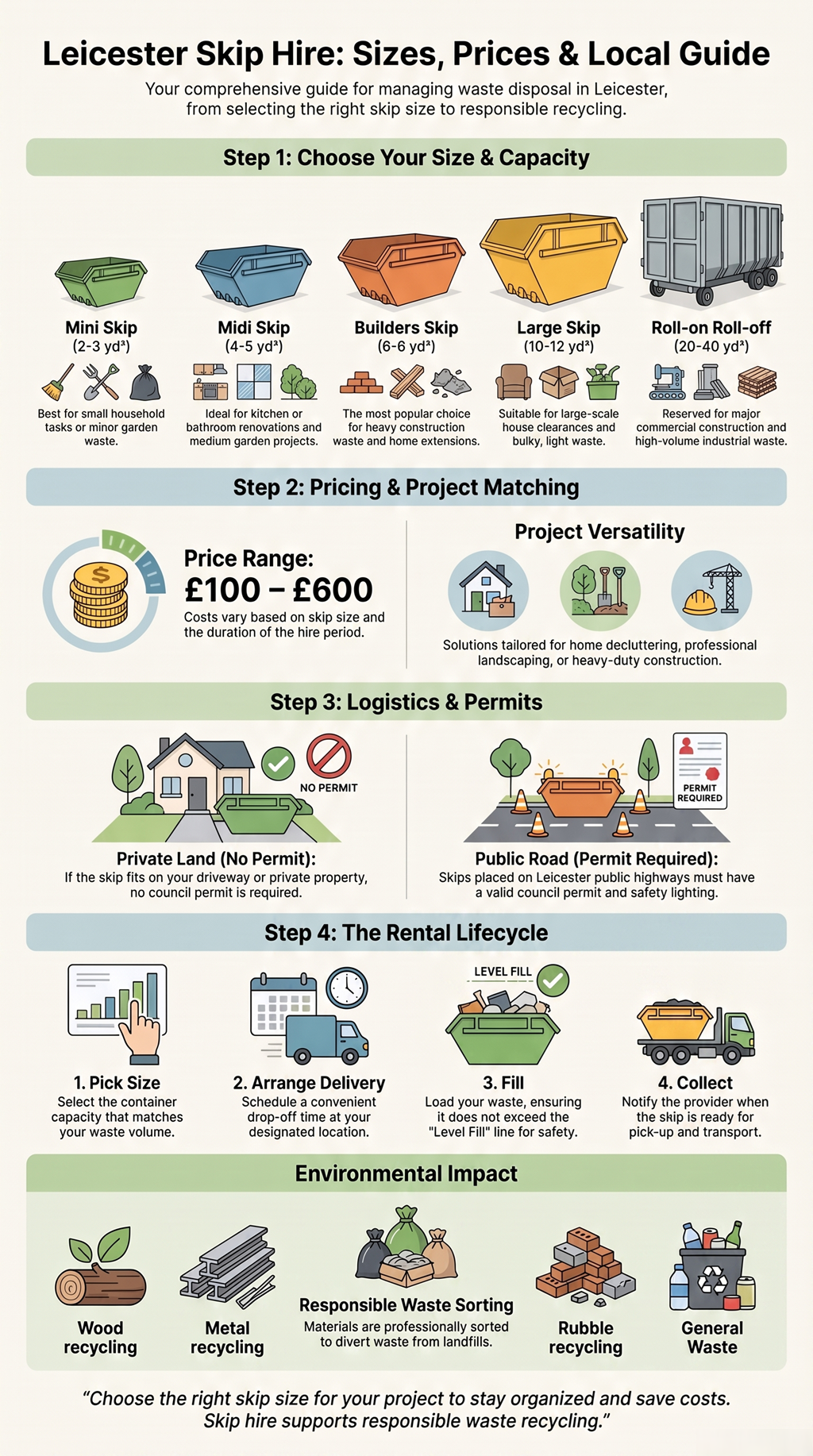 Leicester skip hire guide infographic showing skip sizes, pricing, permits, rental steps, and recycling options for household and construction waste.