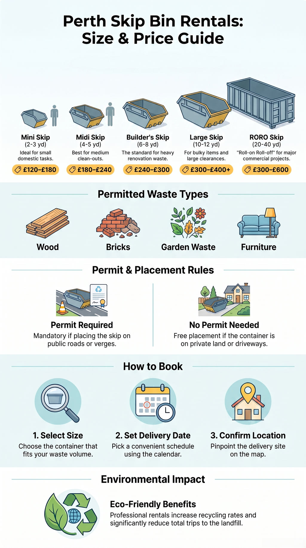 Infographic showing Perth skip bin rental sizes, prices, permitted waste types, placement rules, booking steps, and environmental benefits.