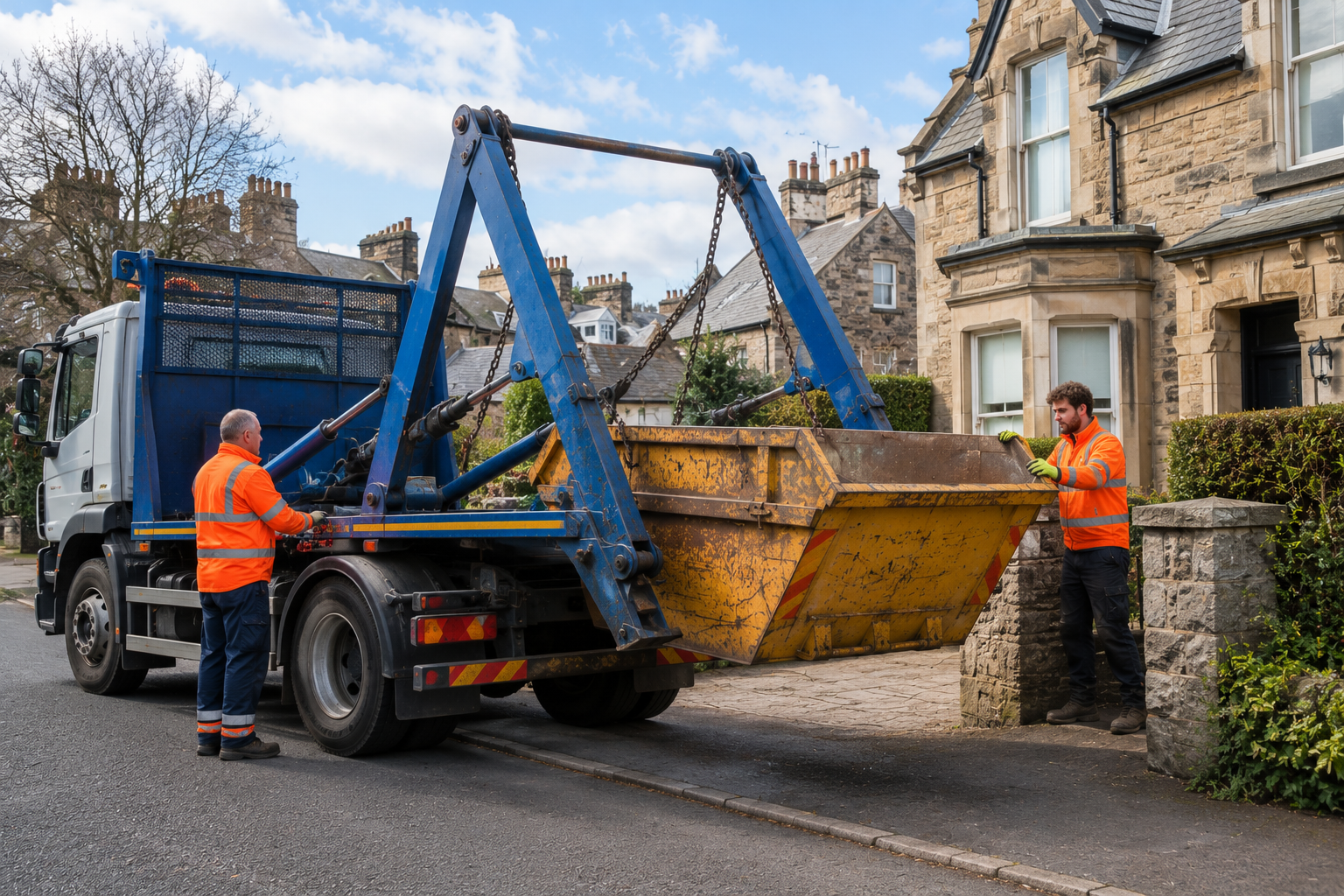 Skip delivery service preparing a waste container at a property in Edinburgh UK.