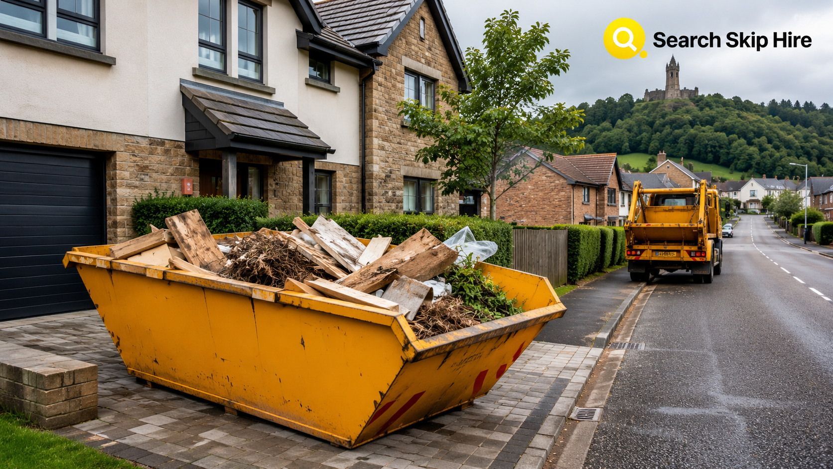 Skip hire in Stirling with a waste container outside a residential property for home renovation and rubbish removal.