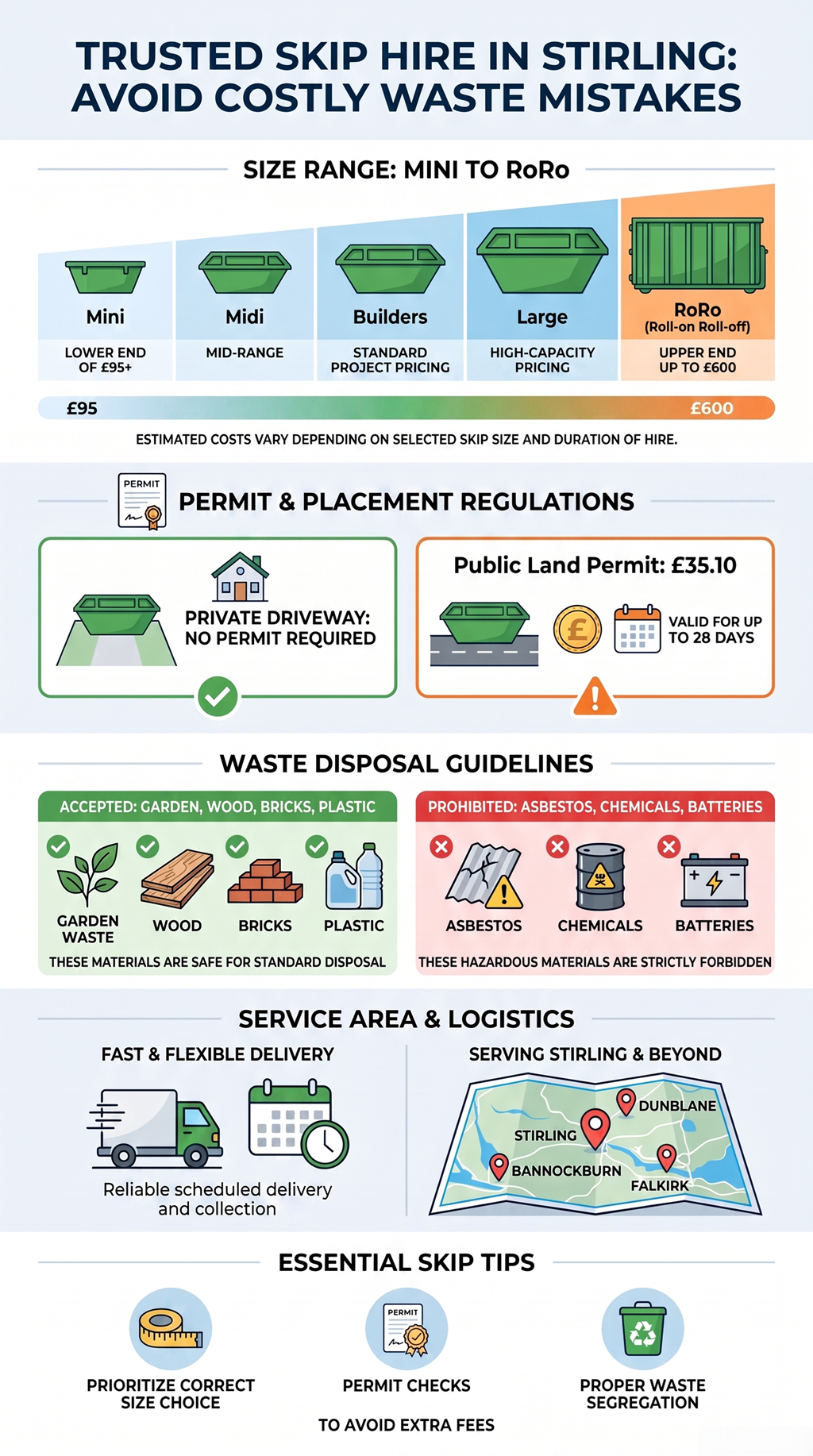Skip hire in Stirling delivery service providing convenient waste container placement and collection.
