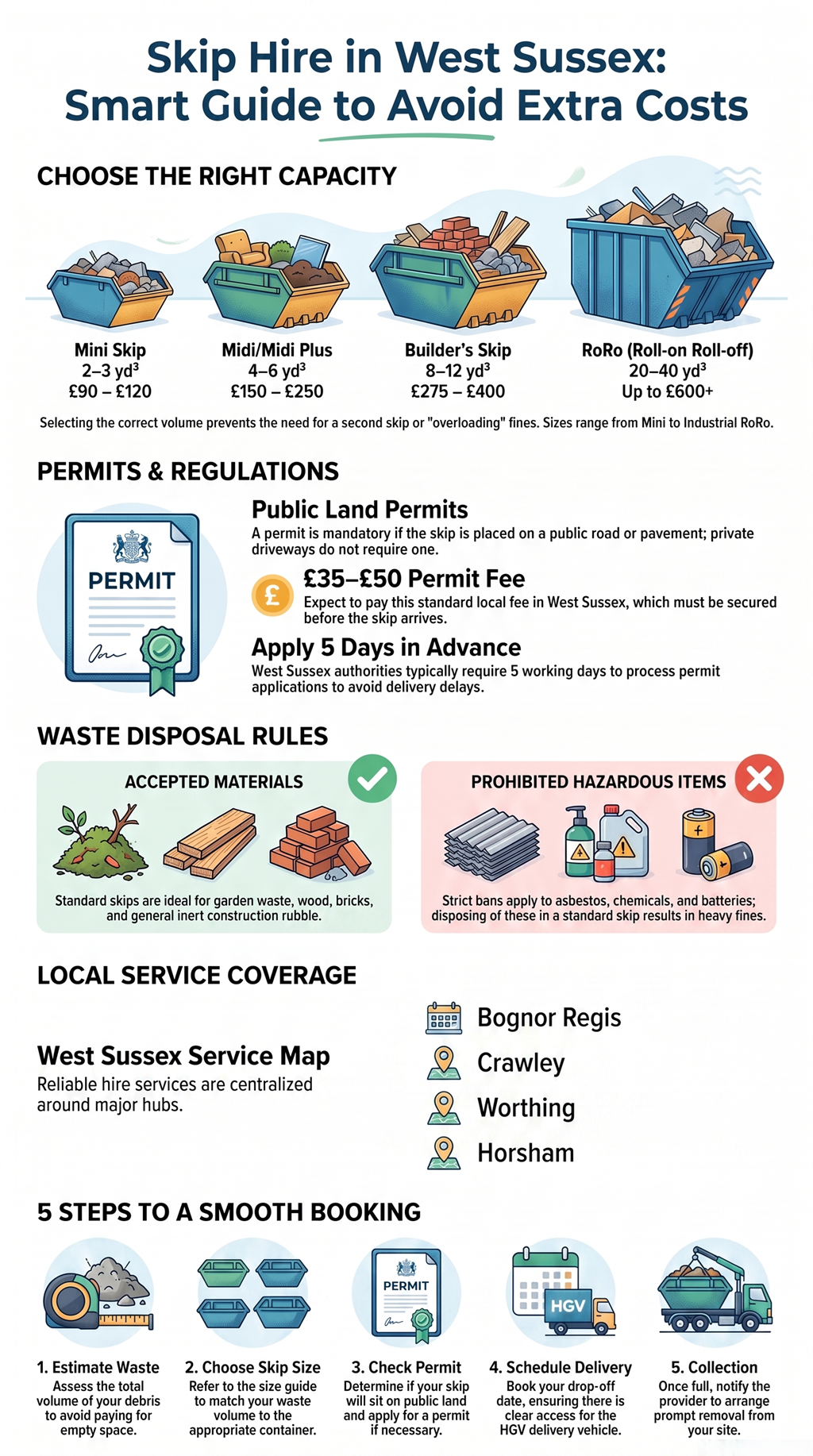 Skip hire in West Sussex guide showing skip sizes, permits, waste rules, and local service overview.