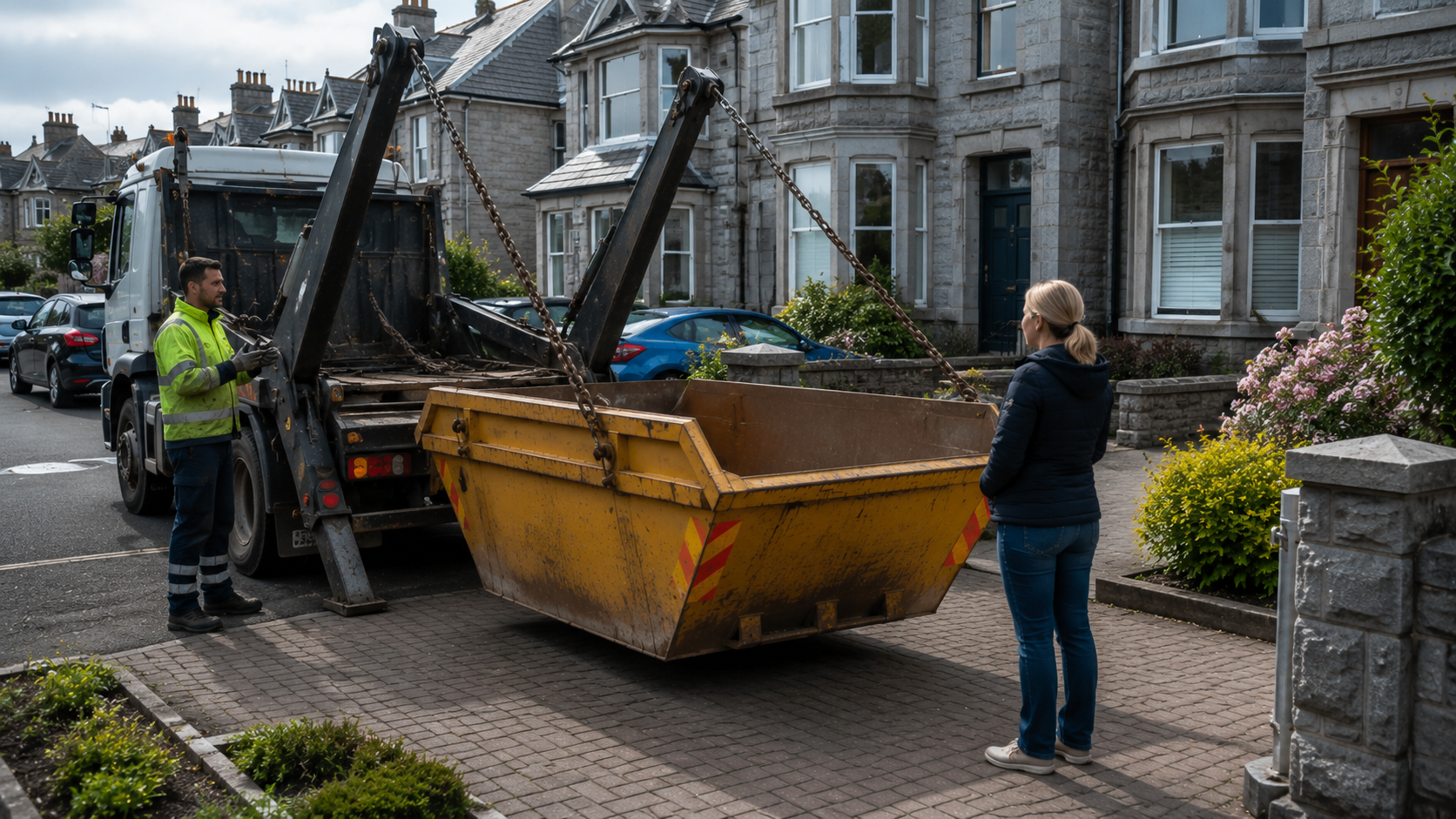 Skip hire Aberdeen City delivery service placing a builders skip at a residential property.