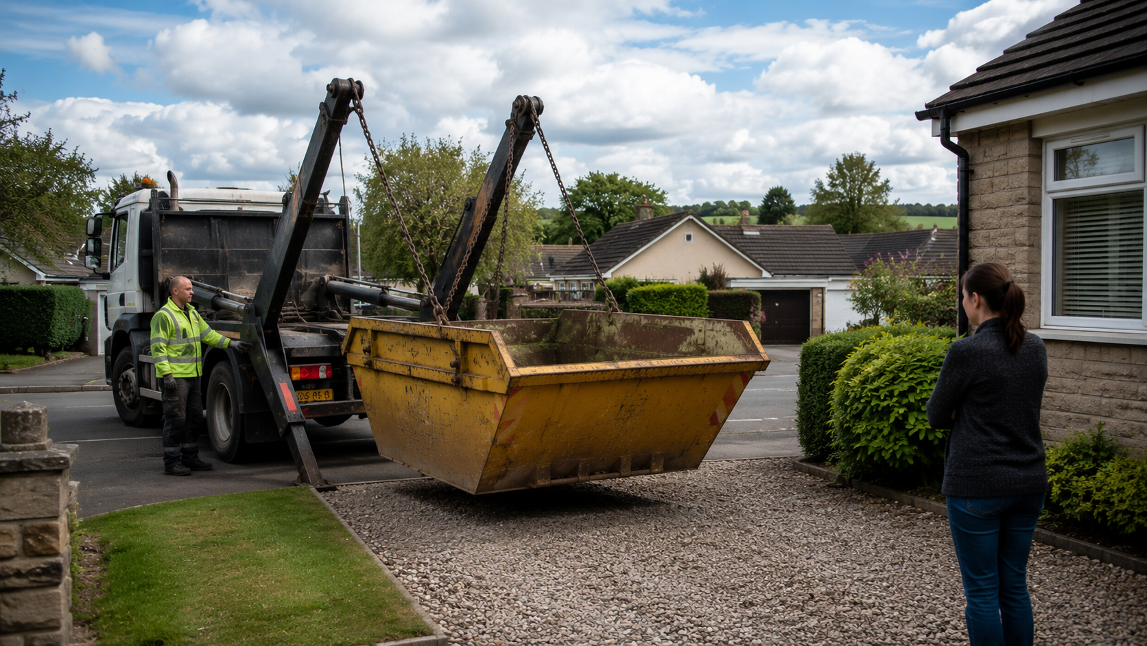 Skip hire Angus delivery service placing a builders skip at a residential property.