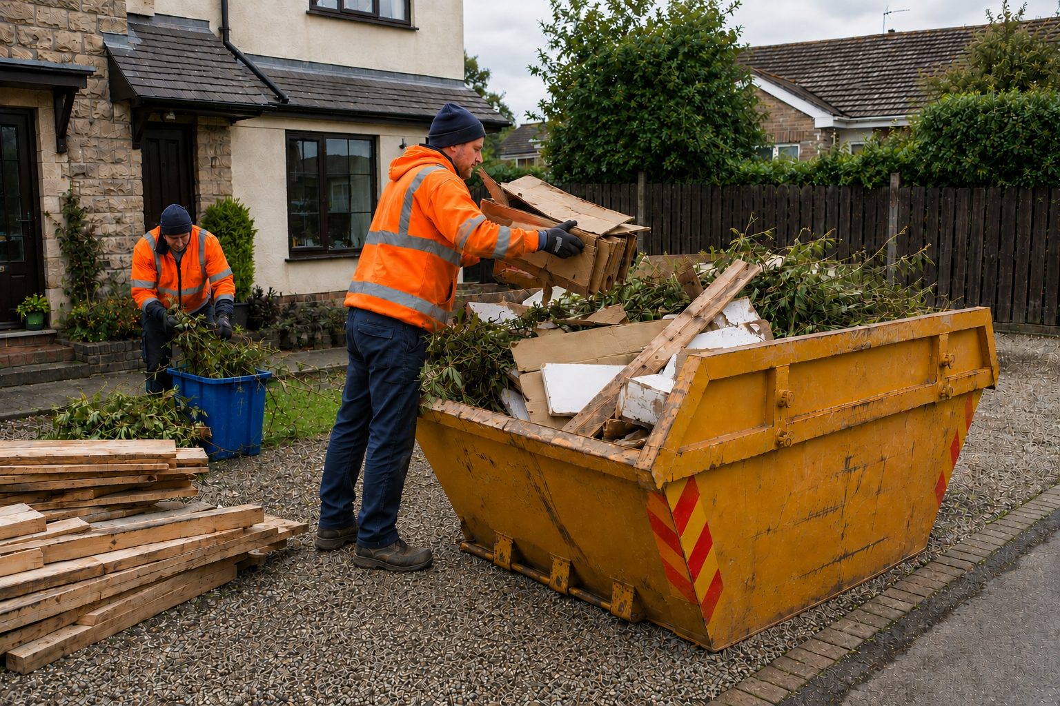 Skip hire Antrim waste removal with household garden and renovation materials being collected.