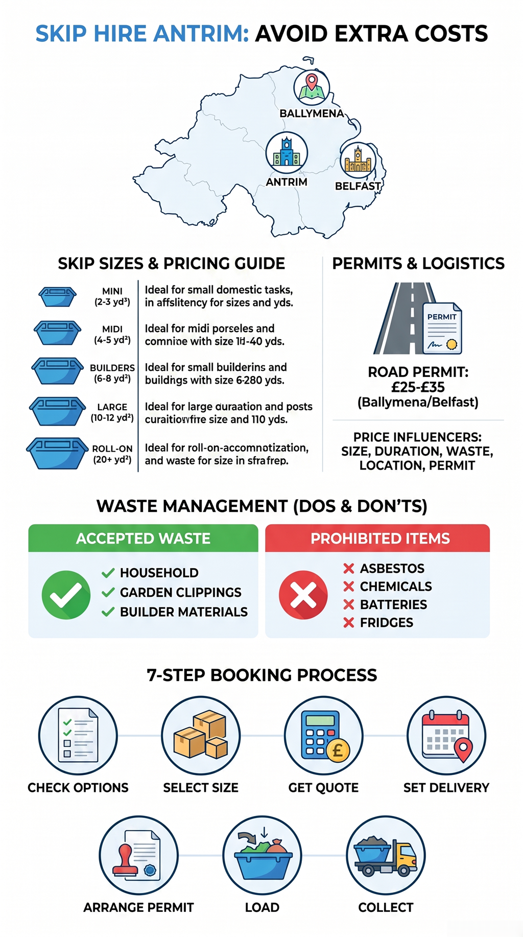 Skip hire Antrim infographic covering skip sizes, pricing, permits, waste rules, and booking process.