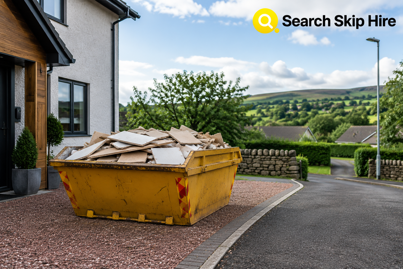Skip hire Ayrshire service with a skip placed outside a residential property for home renovation waste removal.