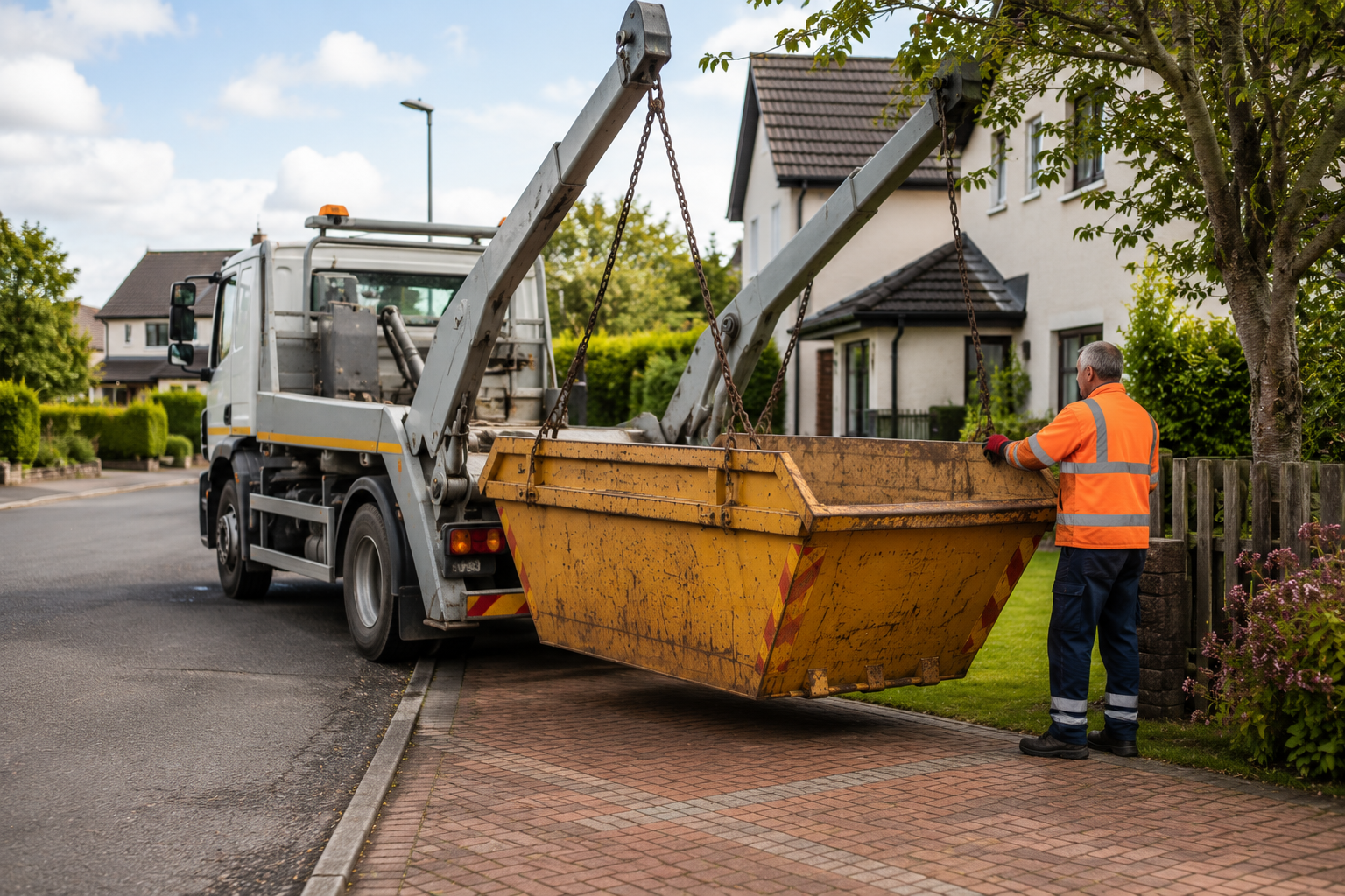Skip hire Ayrshire delivery service showing a local provider placing a skip for a home project.