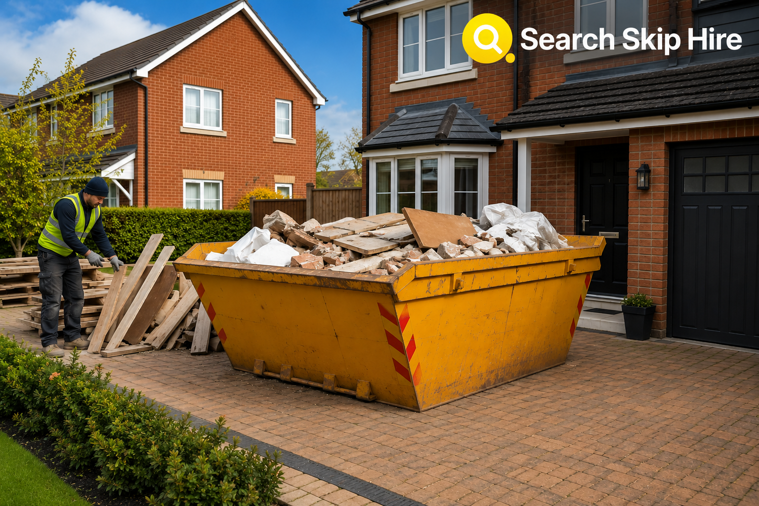 Skip hire Bedfordshire service with a skip container placed at a residential property for waste removal.