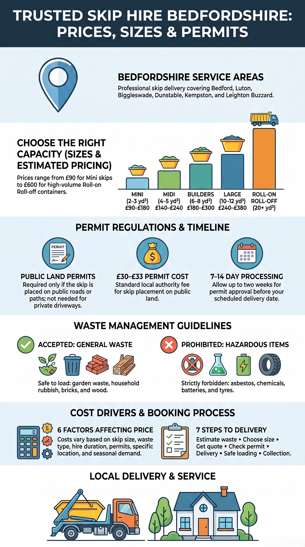Skip hire Bedfordshire guide with prices, skip sizes, permits, waste rules, and local delivery tips UK.