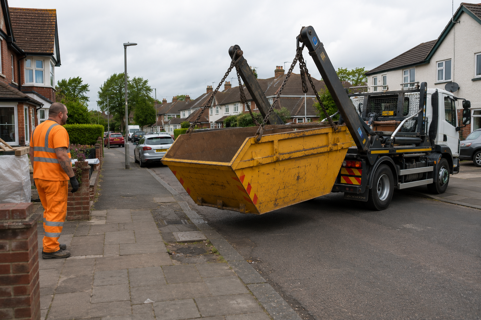 Skip hire Bedfordshire delivery service placing a skip safely near a residential project.