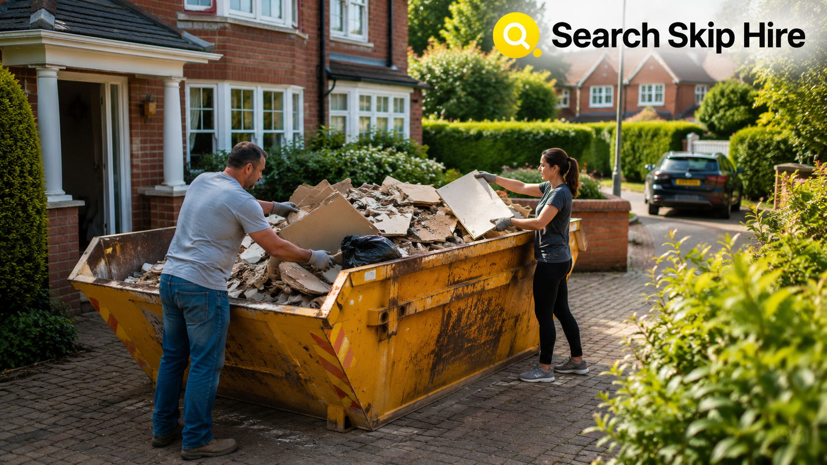 skip hire berkshire for a home renovation project with a builders skip on a residential driveway.