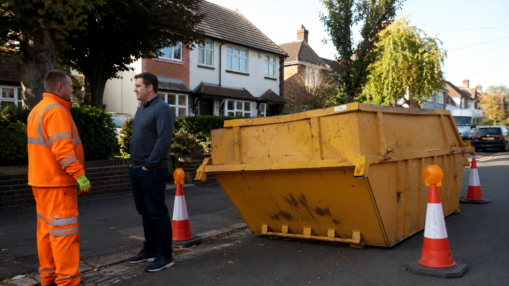 skip hire berkshire with a skip safely placed on a residential street following local permit requirements.