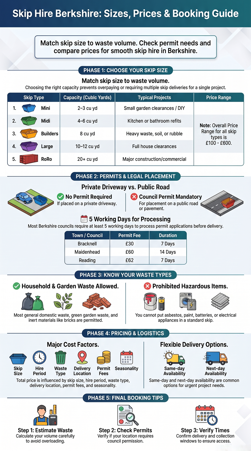 Skip hire Berkshire guide showing skip sizes, prices, permits, waste types, and booking tips.