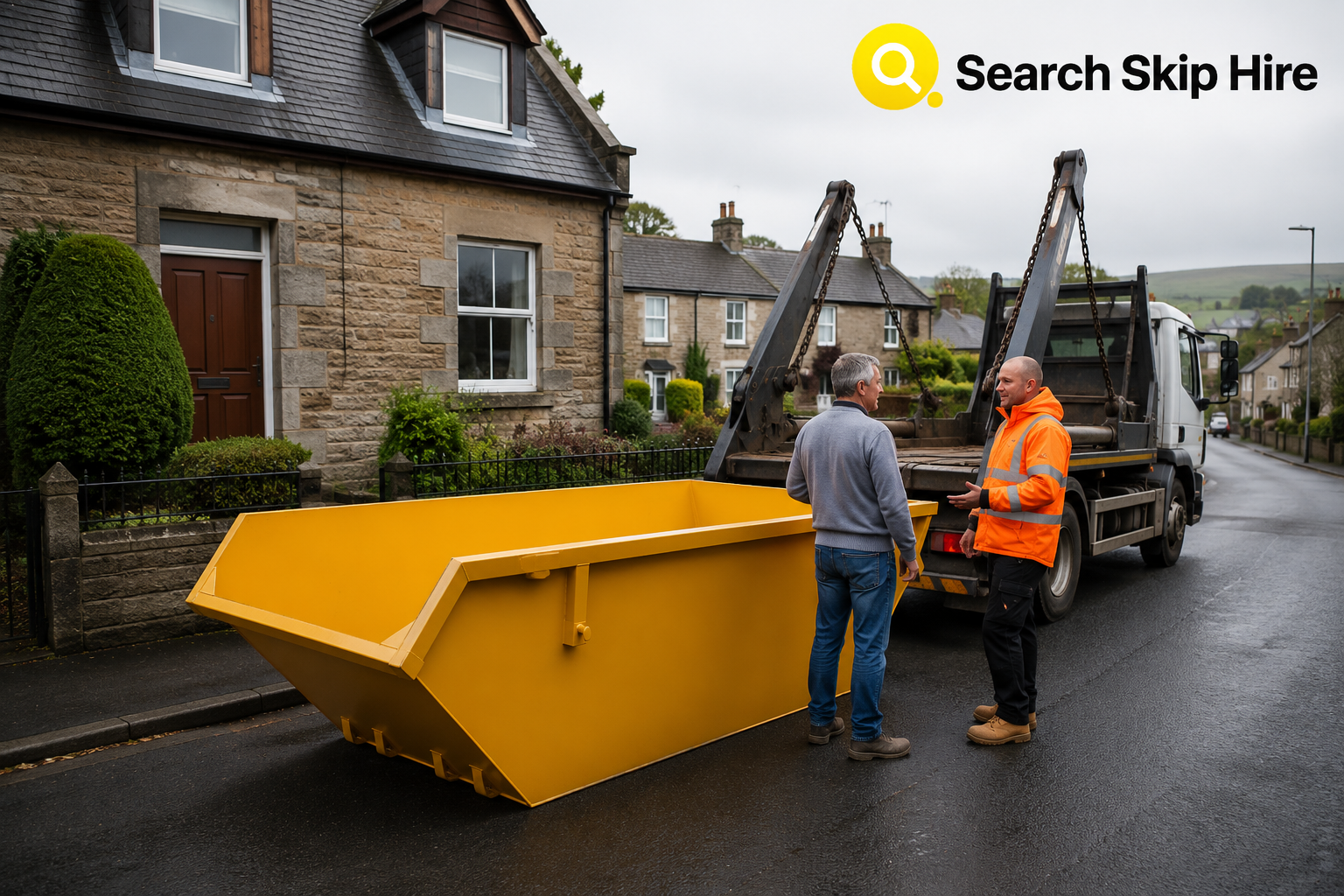 Skip hire Clackmannanshire service with a skip container outside a Scottish home.