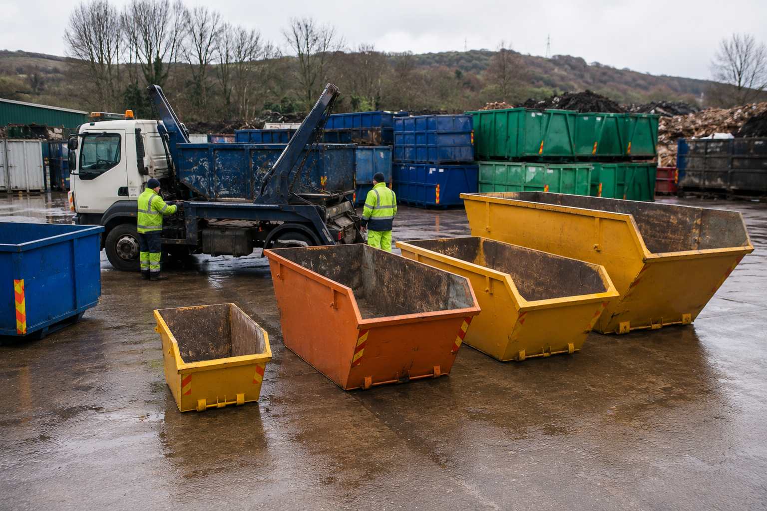 Skip hire Clackmannanshire options with different container sizes at a waste facility.