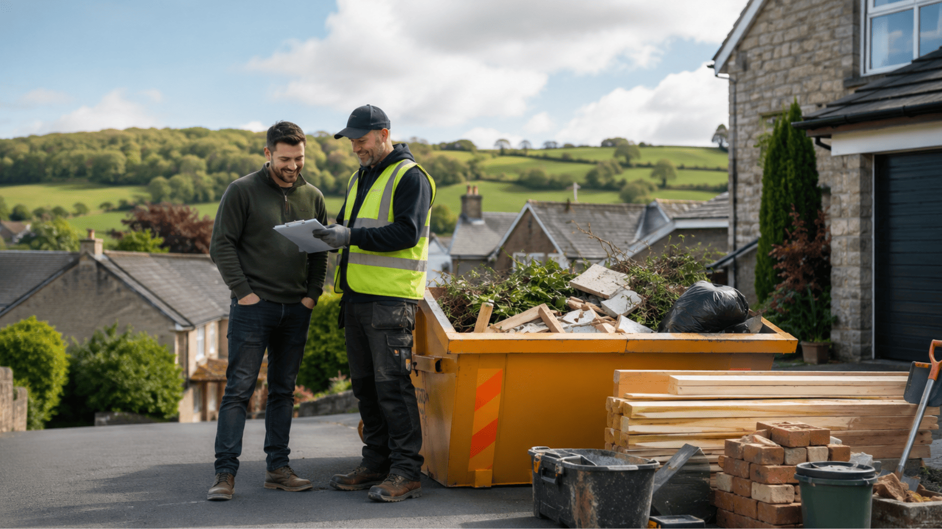 Homeowner discussing skip hire with a driver beside a builder’s skip during a home renovation in Clwyd.