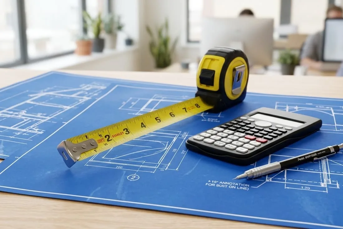 How to estimate waste volume accurately using tape measure calculator and pencil on a construction blueprint.