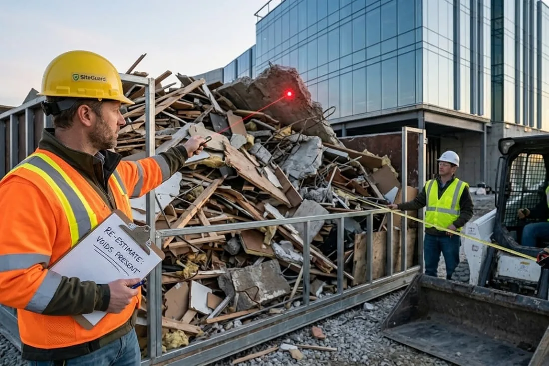 How to estimate waste volume accurately with two workers using laser and tape measure on large rubble pile.