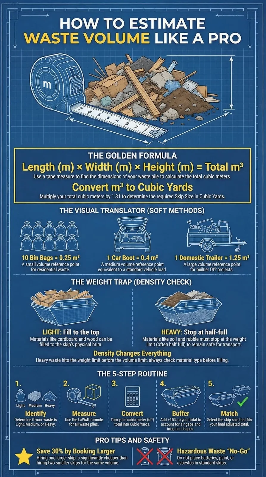 How to estimate waste volume accurately infographic showing golden formula visual translator and 5-step routine.