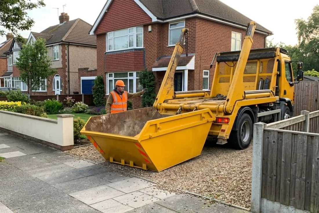 Long term skip hire solutions skip being lowered onto a residential driveway by a yellow skip lorry and operator.