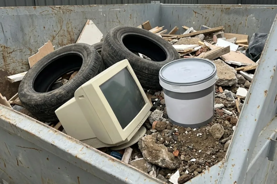 Long term skip hire solutions prohibited items example showing tyres, old monitor, and paint bucket inside a skip.
