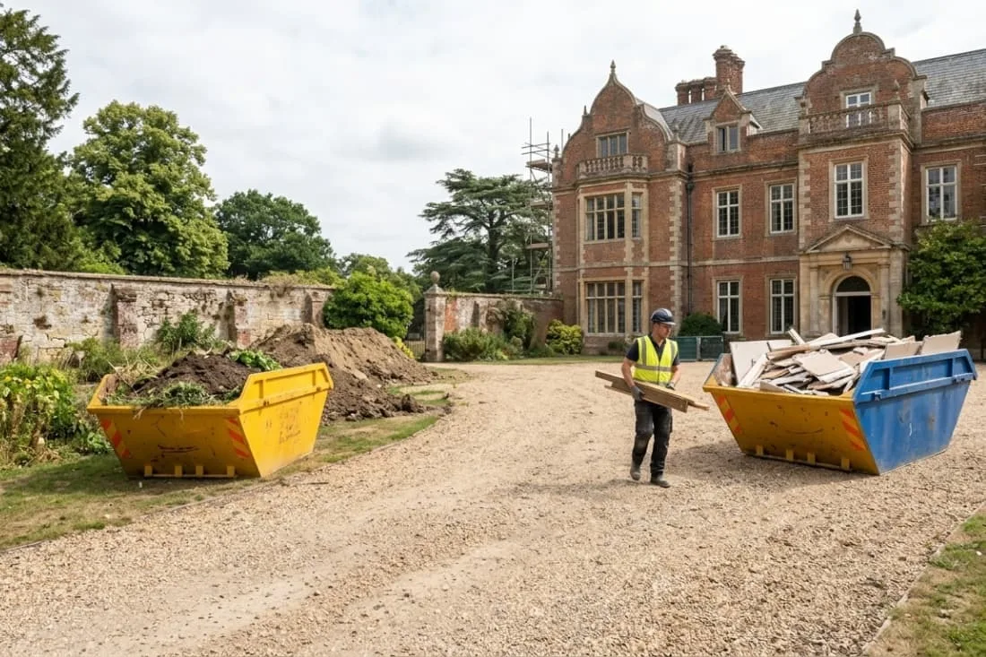 Multiple skips for large projects at a historic manor renovation with yellow and blue skips and a worker carrying timber.&nbsp;