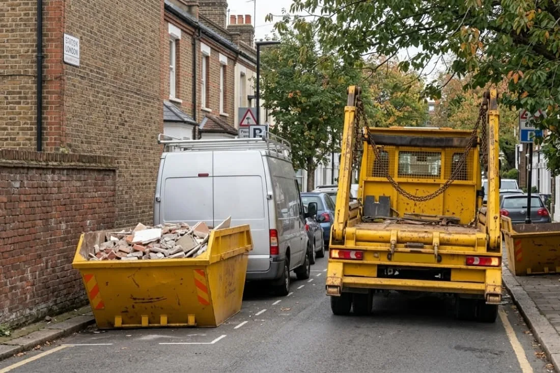 Multiple skips for large projects with a loaded yellow skip on a London street beside a skip lorry collecting waste.&nbsp;