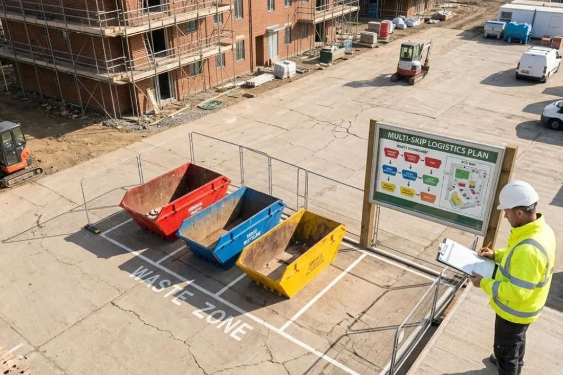Multiple skips for large projects waste zone with red, blue, and yellow skips beside a multi-skip logistics plan board.&nbsp;