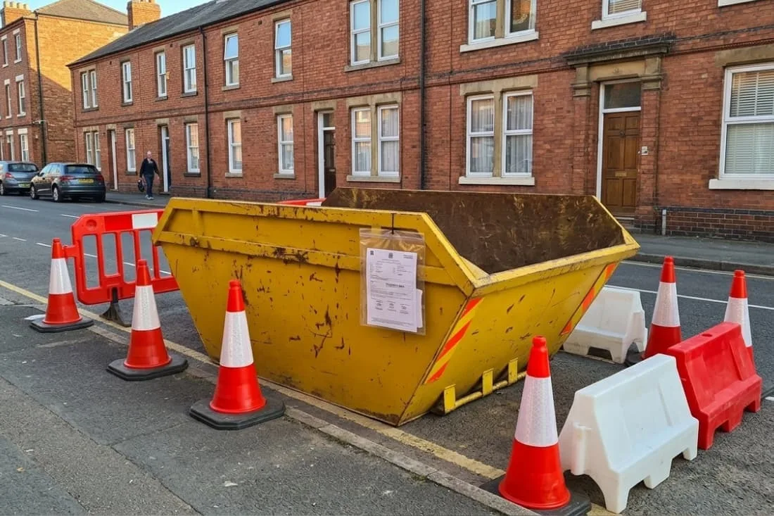 Skip hire for contractors projects yellow skip with council permit displayed on a UK residential street with cones.