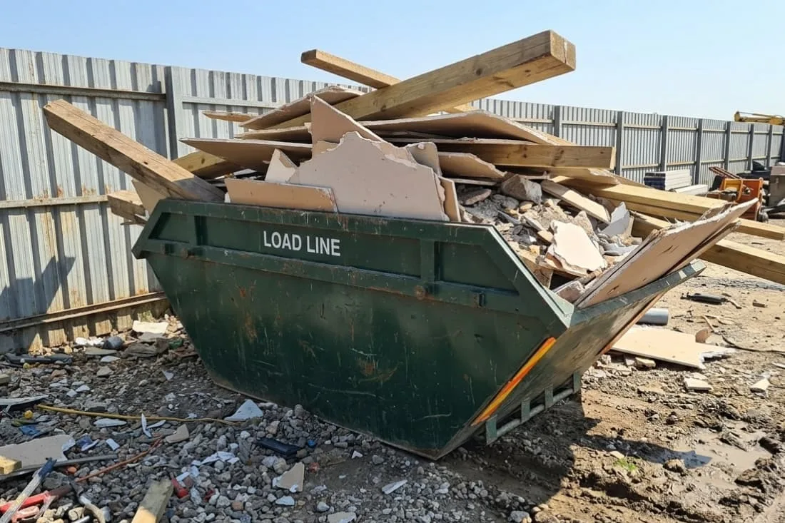 Skip hire for contractors projects green skip overfilled with timber and plasterboard debris at a contractor site.