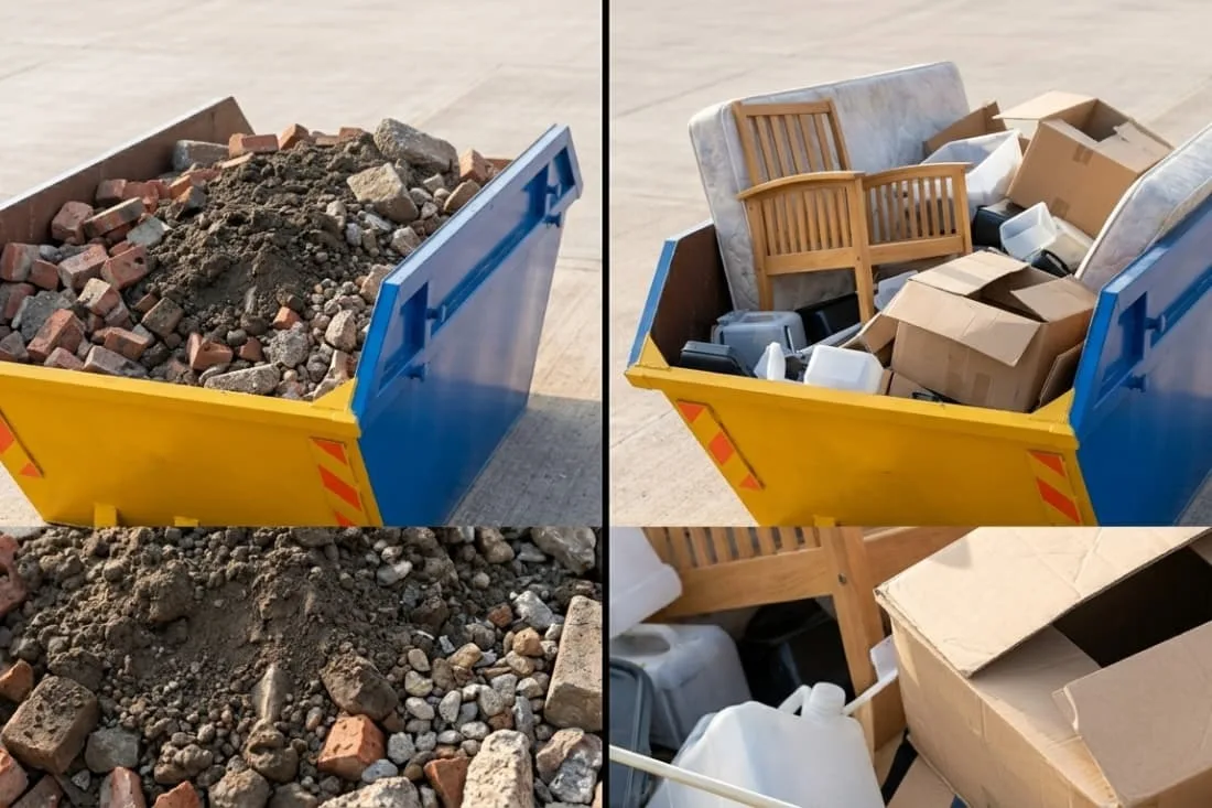 Skip size guide for UK households comparing heavy rubble waste and light household items in yellow skips.