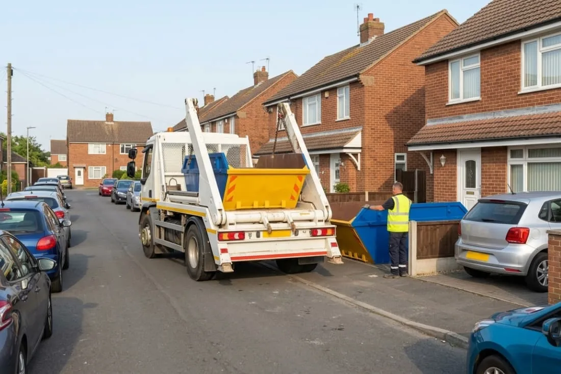 Skip size guide for UK households with worker delivering blue skip using lorry on a residential street.