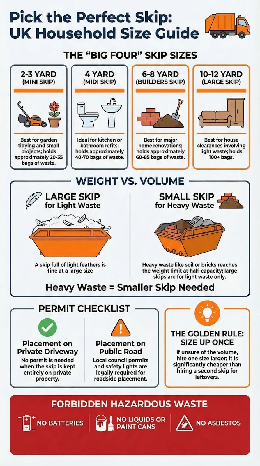 Skip size guide for UK households covering mini midi builders and large skips with permit and waste tips.