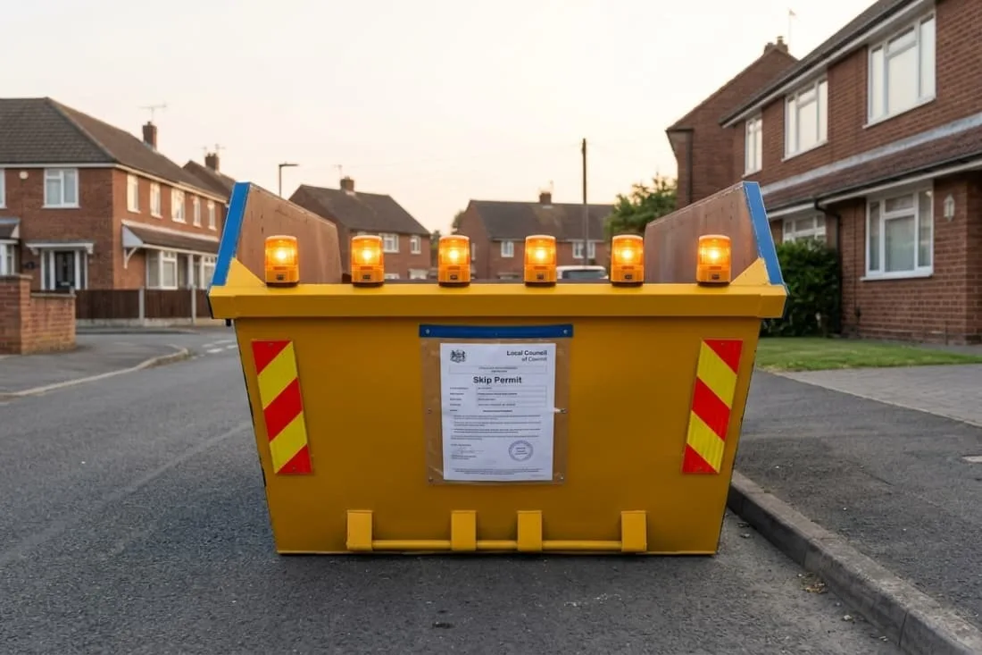 Skip size guide for UK households showing yellow skip with council permit and safety lights on public road.