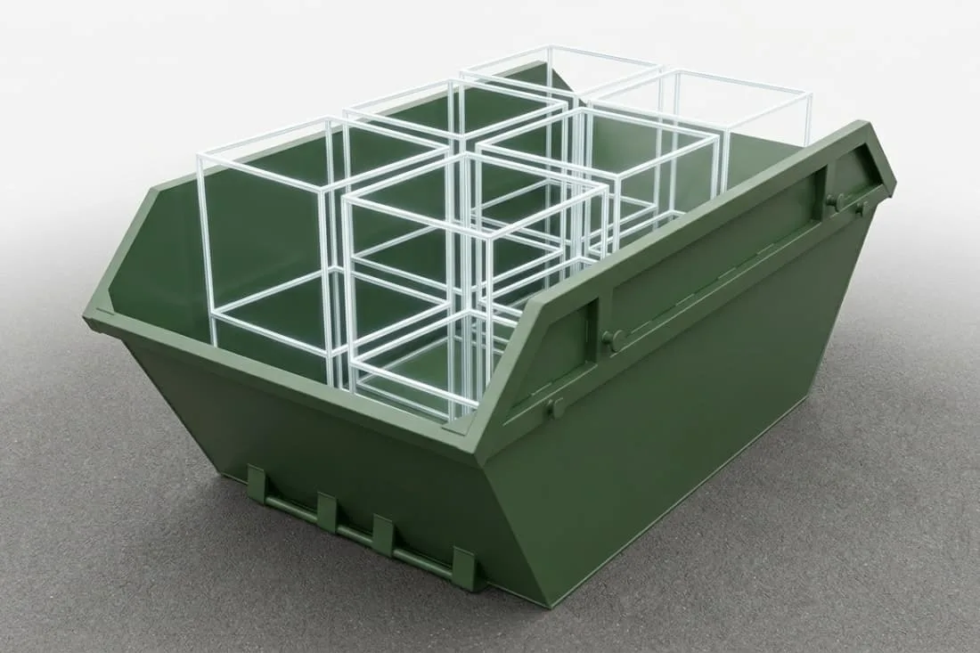 Skip sizes in cubic yards explained using wireframe cubic yard sections fitted inside an empty green skip.