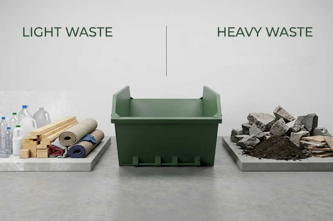 Skip sizes in cubic yards explained alongside light waste items and heavy rubble flanking a green skip.
