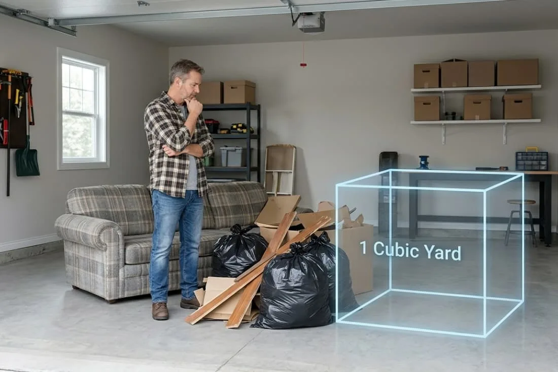 Skip sizes in cubic yards explained with man viewing glowing 1 cubic yard reference cube in cluttered garage.