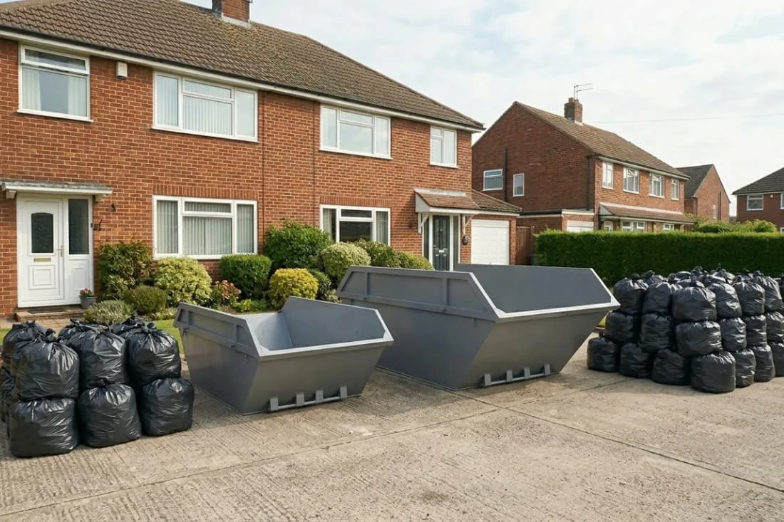 Skip Sizes & Waste Estimation comparison with two empty grey skips and black bin bags outside a UK home.