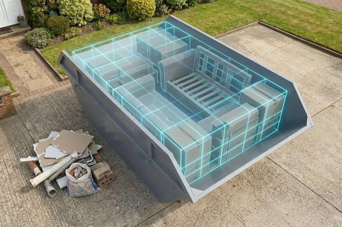 Skip Sizes & Waste Estimation visualized with digital cubic measurement overlay inside a large grey skip.