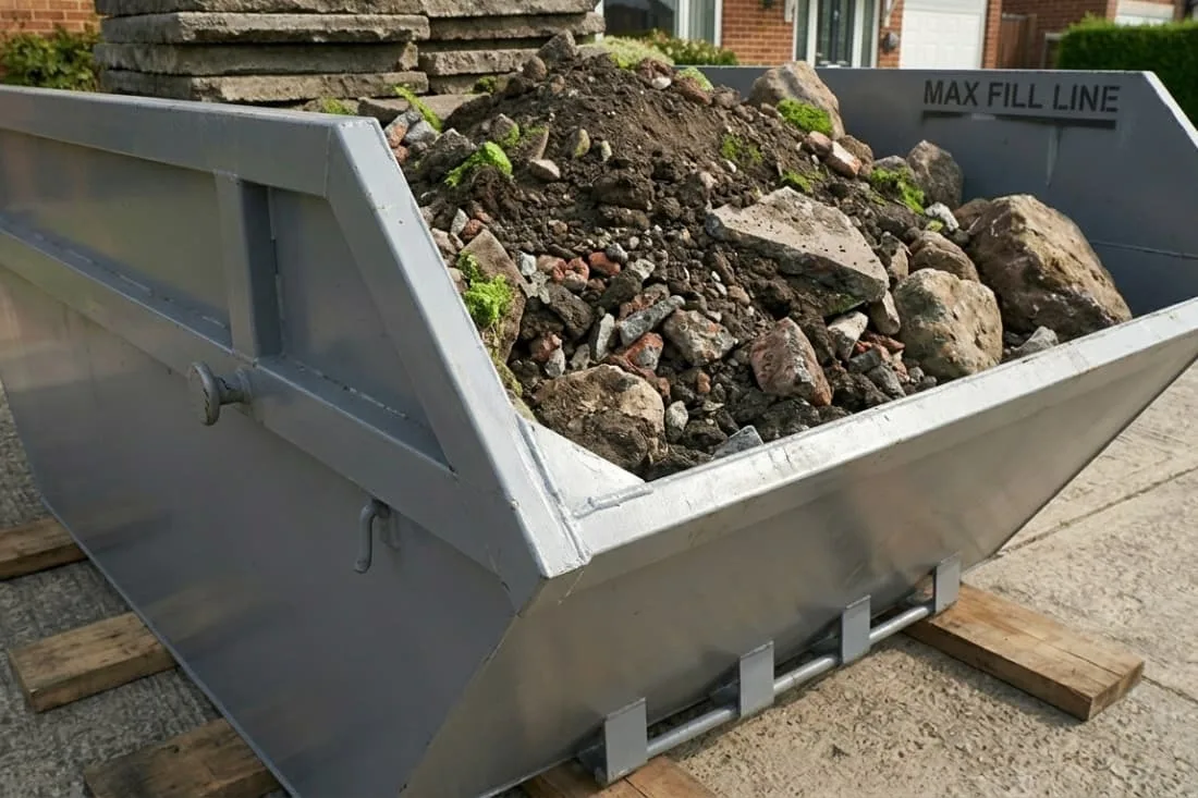 Skip Sizes & Waste Estimation for heavy materials shown by grey skip filled with rocks and soil on driveway.