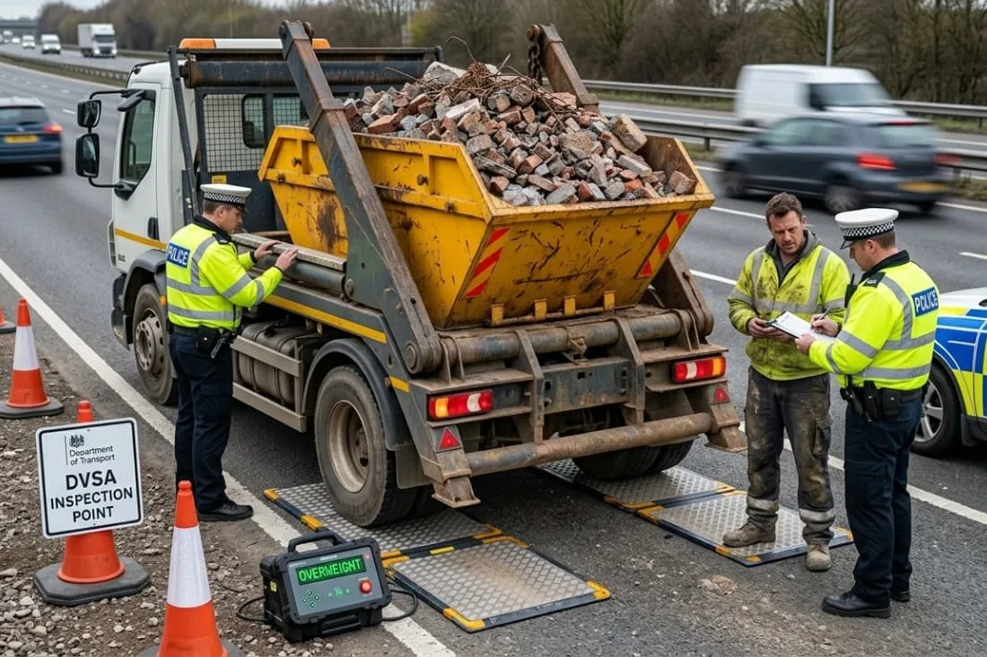 DVSA roadside inspection of a skip lorry to enforce weight limits and overloading risks on public roads.