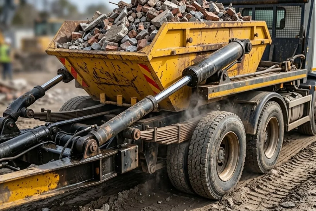 Close-up of a skip loader truck lifting a heavy bin to manage weight limits and overloading risks.