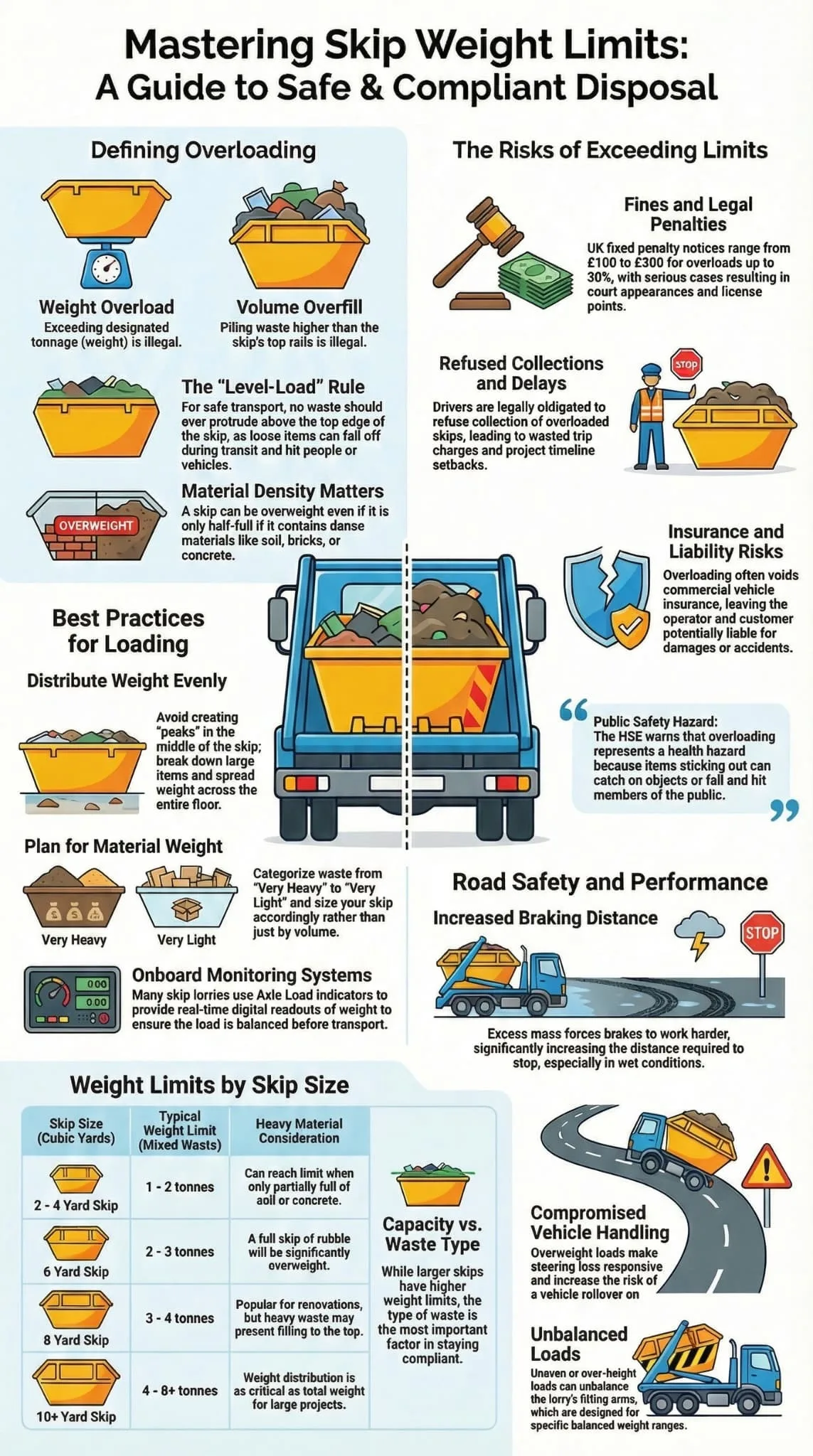 Infographic about skip hire weight limits and overloading risks, detailing safety rules and legal penalties.