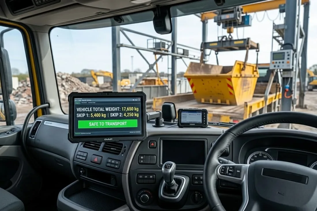 Truck dashboard showing a digital monitor for managing weight limits and overloading risks during transport.