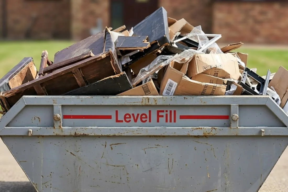 Close-up of waste above the fill line to show what happens if a skip is overfilled past the safety limit.