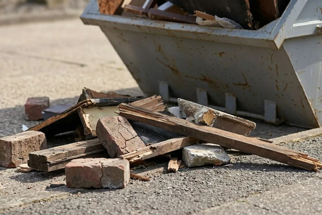 Debris fallen on a driveway illustrating what happens if a skip is overfilled and becomes a safety hazard.