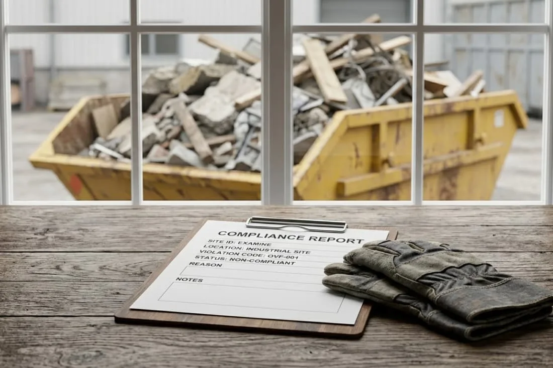 A compliance report on a desk showing what happens if a skip is overfilled on a commercial project site.