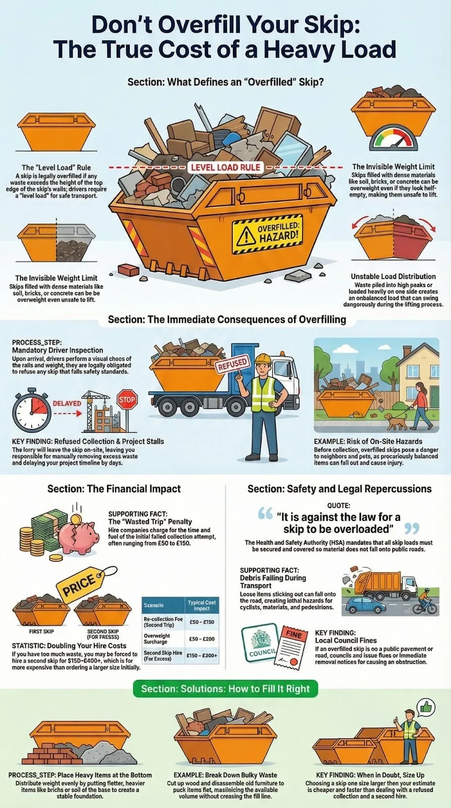 Infographic explaining the costs and what happens if a skip is overfilled regarding safety and legal fees.